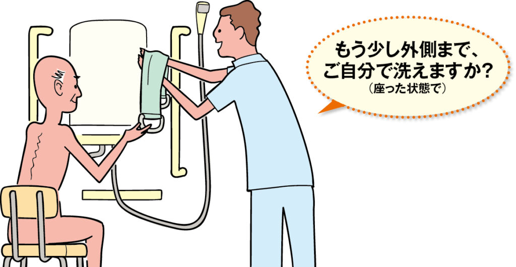 座った状態で、近位～遠位へと洗う範囲を拡大する