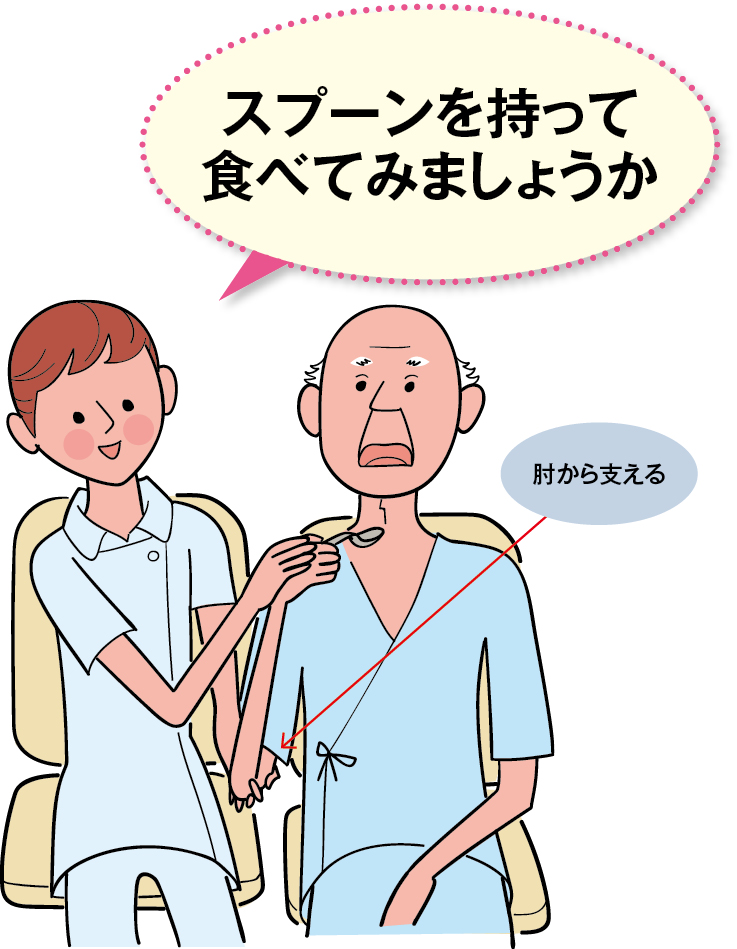 スプーンを持たせて食事へ誘導するイラスト