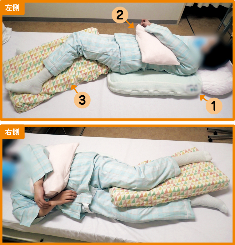 麻痺側が下になるポジショニング（麻痺側は右側）