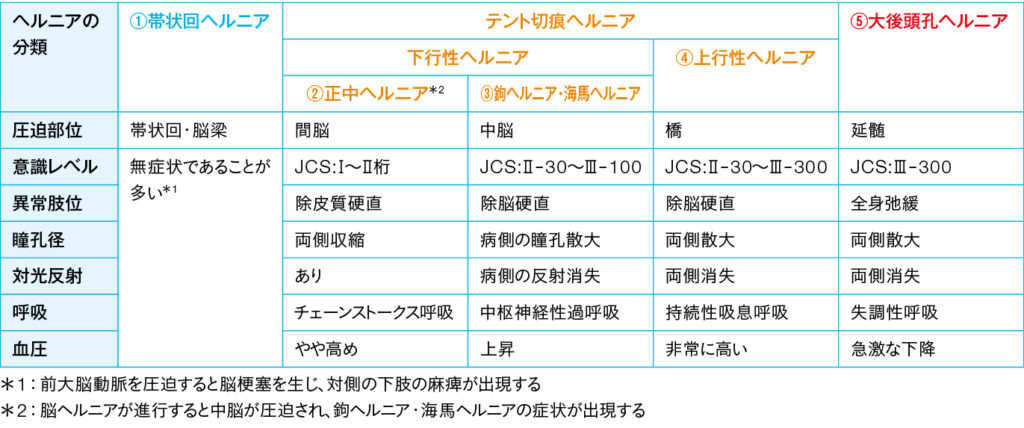 脳ヘルニアの分類と症状の表