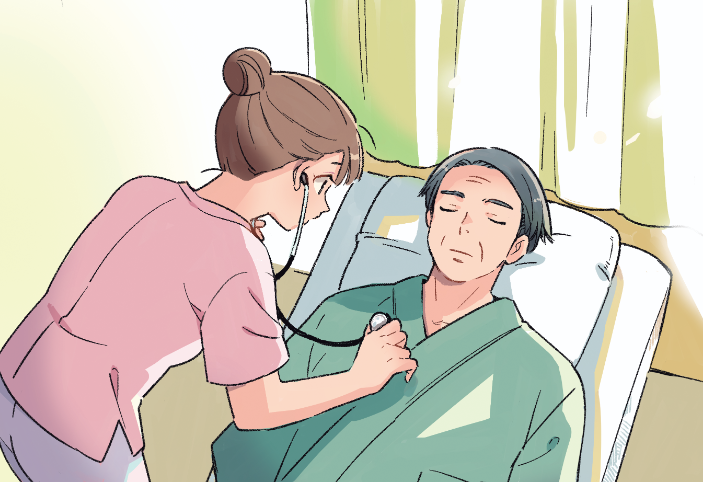 患者さんに補聴器をあてる看護師のイラスト